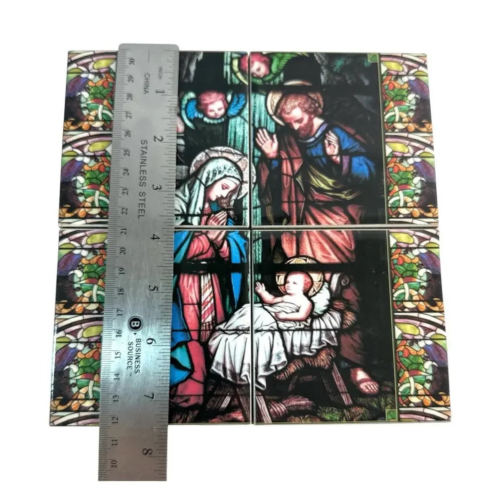Vintage Nativity Holy Family Ceramic Tile Wall Plaque Stained Glass Style 7.5”